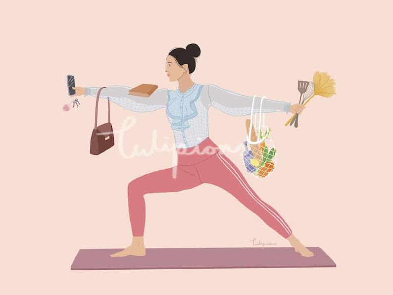 May include: A woman in a blue blouse and pink pants is doing a yoga pose while holding a phone, a book, a purse, a bag of groceries, a spatula, and a broom. She is standing on a purple yoga mat.