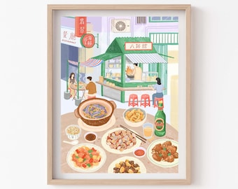 Puede incluir: Una ilustración de un puesto de comida callejera en Hong Kong con una variedad de platos, incluyendo una olla de barro con sopa, verduras salteadas y mariscos fritos. El puesto se llama "八號館" y está rodeado de gente comiendo y bebiendo.