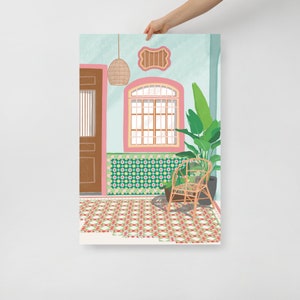 Traditional heritage shophouses in Malaysia /Singapore, Penang peranakan colorful tiles, Travel art print, Tropical dream destinations 24×36 inches