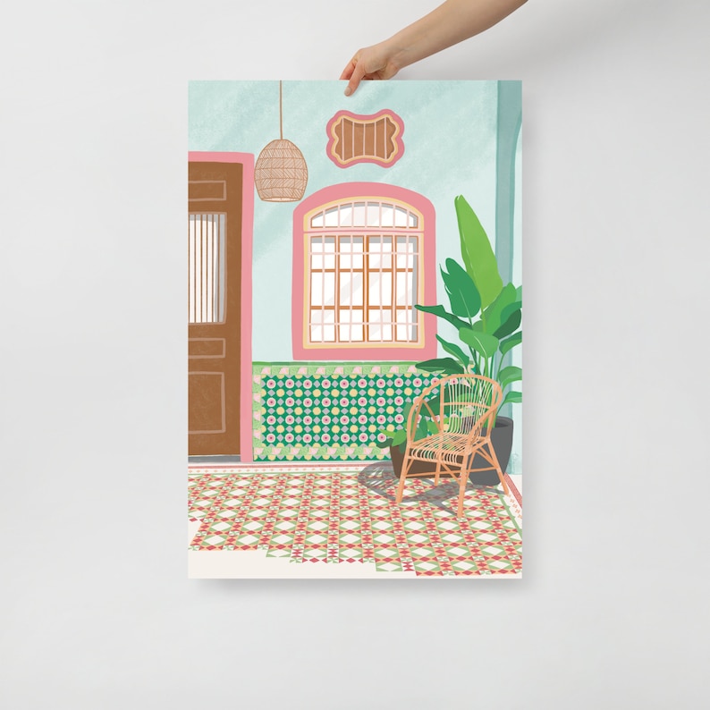 Traditional heritage shophouses in Malaysia /Singapore, Penang peranakan colorful tiles, Travel art print, Tropical dream destinations 24×36 inches