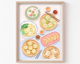May include: A colorful illustration of a variety of Chinese dumplings, including steamed buns, soup dumplings, and fried dumplings, arranged on a table with chopsticks and bowls of sauce.