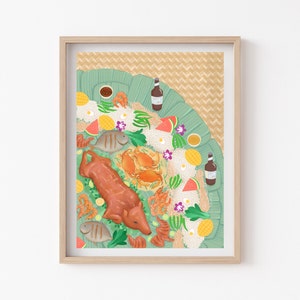 Filipino Kamayan Food Illustration, Pinoy Culture, Family and Friends Pamilya Gathering, Giclee Art Print