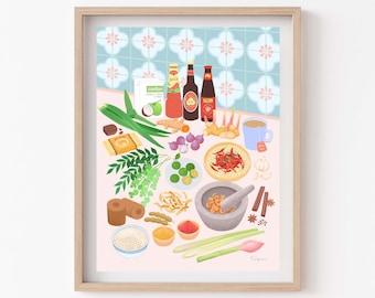 Malaysian Ingredients, Asian Food Illustration, Pastel Colors, Giclee Art Print