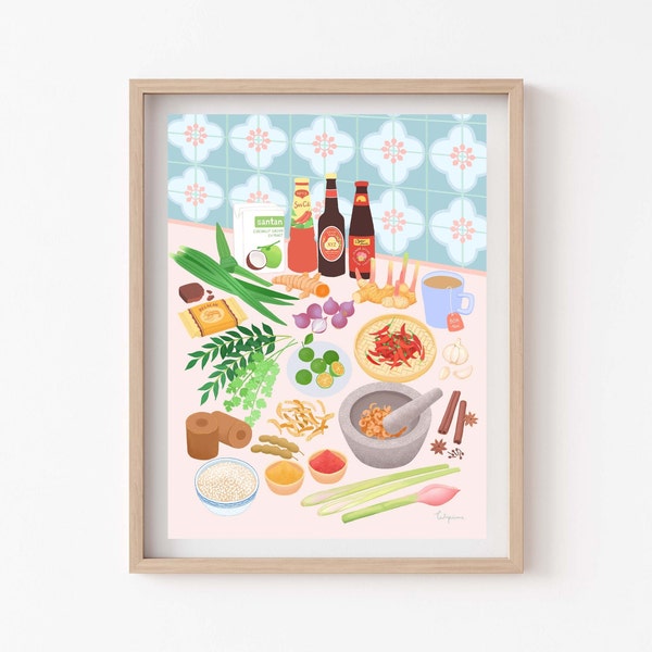 Ingredienti malesi, illustrazione di cibo asiatico, colori pastello, stampa artistica di giclee