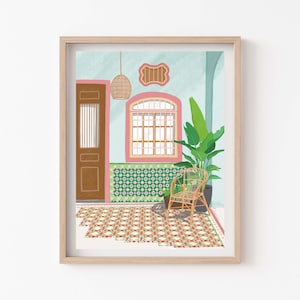 Traditional heritage shophouses in Malaysia /Singapore, Penang peranakan colorful tiles, Travel art print, Tropical dream destinations