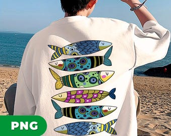 Kleurrijke vissen, volkskunst vis illustratie png, Scandinavische vissublimatie, nautische strand clipart, Boho Ocean Animal Print, png voor shirt