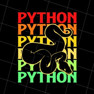 May include: A black snake with a coiled body and a head facing right. The snake is in front of a layered text design that says "PYTHON" in red, orange, yellow, and green.