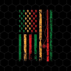 May include: A distressed American flag design with green, yellow, and red stripes. The top of the flag is a row of raised fists in green, yellow, and red. A fishing rod is on the right side of the flag.