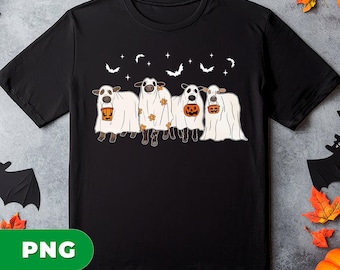 Cute Halloween Cow PNG, Cow Ghost Costume Clipart, Pumpkin Trick Or Treat, Spooky Farm Animal, Fall Sublimation Design, Happy Halloween