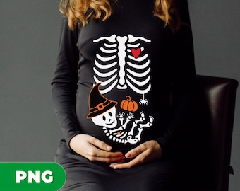 Halloween Pregnancy Skeleton PNG, Baby Skeleton Clipart, Maternity Shirt Design, Witch Baby PNG, Cute Pregnant Mom Halloween Sublimation