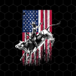 May include: A black and white illustration of a cowboy riding a bucking bull in front of an American flag with a distressed look.