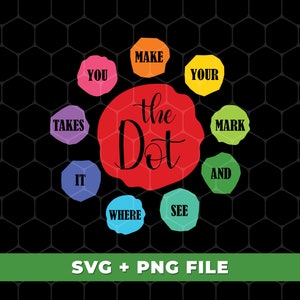 May include: A red circle with the text "the Dot" in black cursive lettering.  Surrounding the circle are eight smaller circles, each with a different color and a word in black text: "Make", "You", "Your", "Takes", "Mark", "And", "It", "Where", "See".