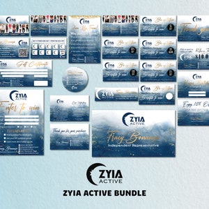 May include: A blue and gold marketing kit for a company called "Zyia Active". The kit includes a variety of cards, flyers, and other promotional materials. The cards feature a variety of designs, including a moon, stars, and a watercolour background. The text on the cards includes the company name, website, and contact information. The kit is designed to help promote the company's products and services.
