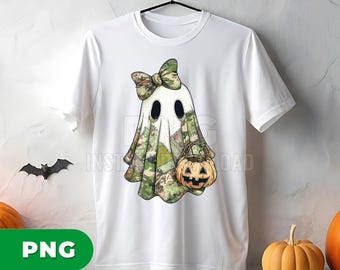 Camo Ghost PNG, Halloween Ghost with Bow and Pumpkin Clipart, Cute Military Camo Sublimation, Spooky Season PNG, Trick or Treat Design