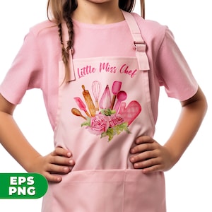 May include: Pink child's apron with the text "Little Miss Chef" and a watercolour illustration of pink flowers and kitchen utensils.