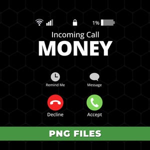 Puede incluir: Gráfico digital de una pantalla de smartphone con fondo negro de panal. La pantalla muestra "Incoming Call MONEY" en texto blanco, con iconos de señal, candado y batería. Botones para "Decline" y "Accept", junto con opciones "Remind Me" y "Message". Un banner verde en la parte inferior dice "PNG FILES".