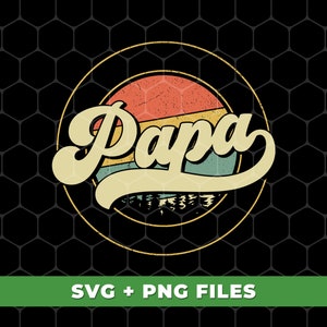Puede incluir: Un dise&ntilde;o de estilo retro con la palabra "Papa" en una fuente de letra amarilla sobre un fondo de puesta de sol colorido. El dise&ntilde;o est&aacute; rodeado por un borde de doble c&iacute;rculo.