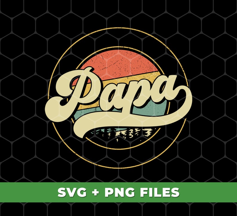 Puede incluir: Un dise&ntilde;o de estilo retro con la palabra "Papa" en una fuente de letra amarilla sobre un fondo de puesta de sol colorido. El dise&ntilde;o est&aacute; rodeado por un borde de doble c&iacute;rculo.