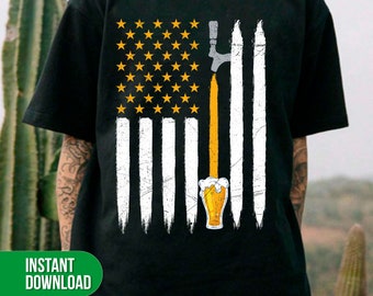 May include: A black t-shirt with a distressed American flag design featuring a beer tap and a glass of beer. The stars on the flag are yellow and the stripes are white.