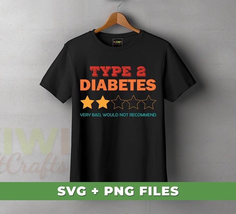 May include: Black t-shirt with a graphic design that says "Type 2 Diabetes" with a one-star rating and the text "Very bad, would not recommend".
