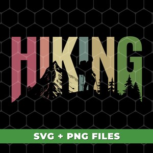May include: A colorful graphic design of the word "HIKING" with a silhouette of a hiker in the mountains. The design features a retro color scheme with shades of red, orange, yellow, green, and blue.