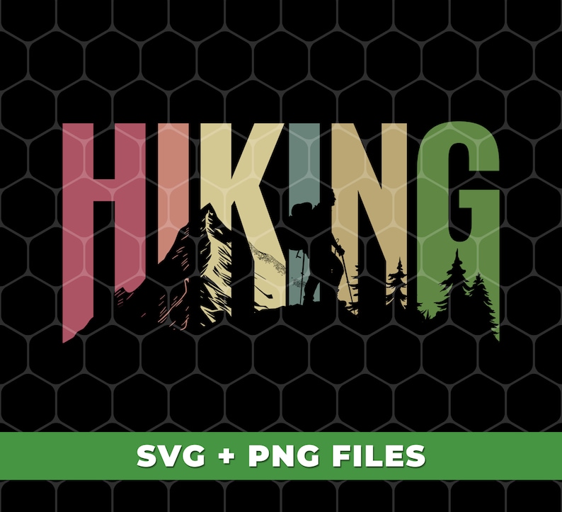 May include: A colorful graphic design of the word "HIKING" with a silhouette of a hiker in the mountains. The design features a retro color scheme with shades of red, orange, yellow, green, and blue.
