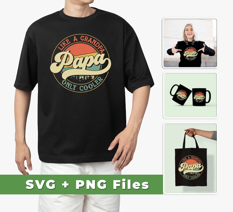 Puede incluir: Una camiseta negra con un gr&aacute;fico de estilo vintage que dice "Como un abuelo, Papa, solo m&aacute;s genial". El gr&aacute;fico presenta una puesta de sol con una silueta de monta&ntilde;a verde. La camiseta se muestra en un modelo que lleva pantalones cortos blancos.