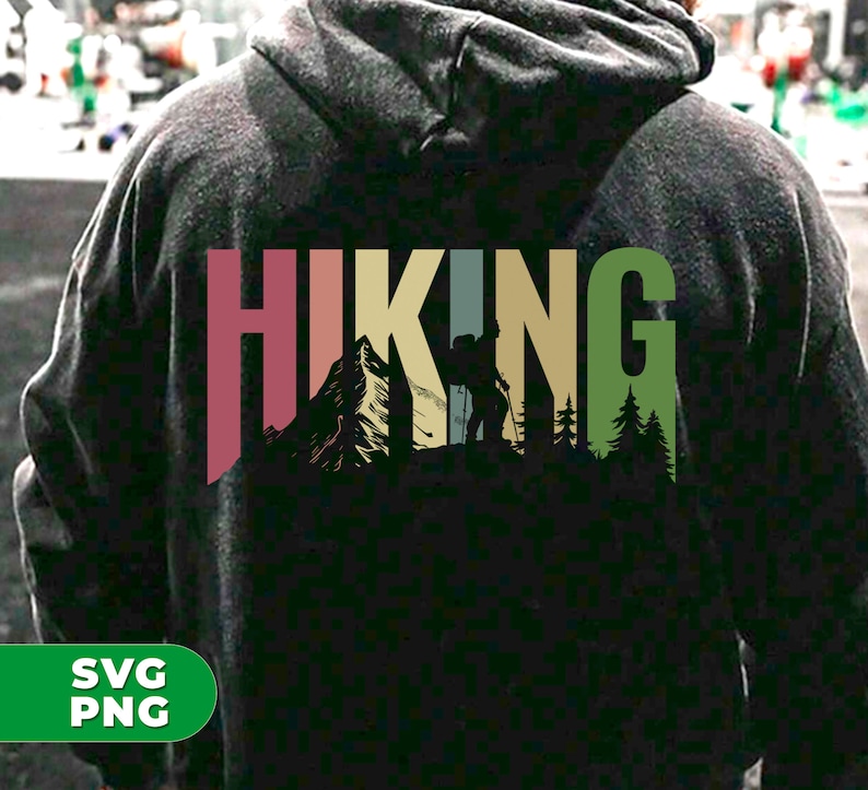 May include: A black hoodie with a vintage-style graphic of a hiker in a mountain landscape. The graphic says "HIKING" in colorful letters.
