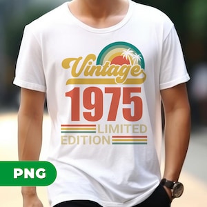 May include: White t-shirt with a retro design. The design includes the word "Vintage" in yellow script, the number "1975" in red, and the words "Limited Edition" in a smaller font. A colorful sun and palm trees complete the design.