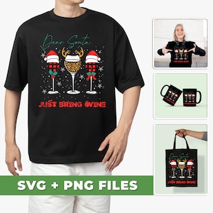 Könnte beinhalten: Ein schwarzes T-Shirt mit einem weihnachtlichen Design mit drei Weingläsern mit Weihnachtsmützen und dem Text "Lieber Weihnachtsmann Bring einfach Wein".