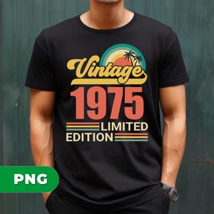 May include: Black t-shirt with a retro design. The design features the text "Vintage 1975 Limited Edition" in yellow and orange, with a sunset and palm tree graphic. The shirt is a crew neck.