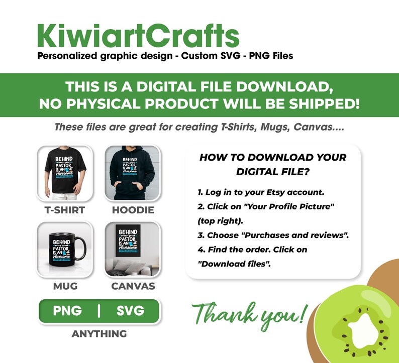May include: Digital file download graphic design by KiwiartCrafts. The image shows examples of a t-shirt, hoodie, mug, and canvas with the text "BEHIND PASTOR IS AN AWESOME". The image also includes instructions on how to download the digital file.