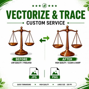 Puede incluir: Un anuncio gráfico para un servicio de vectorización con el texto VECTORIZE & TRACE CUSTOM SERVICE. Muestra una balanza pixelada etiquetada como BEFORE y una balanza nítida etiquetada como AFTER, con iconos JPG y PNG y detalles.