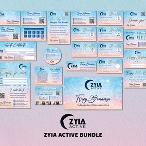 May include: A pink and blue glitter background with the text "ZYIA ACTIVE BUNDLE" in white. The image features a variety of business cards and promotional materials for ZYIA Active, an activewear company. The cards feature a variety of designs, including a pink and blue glitter background, a white background with black text, and a white background with a pink and blue glitter design. The cards include information about the company, its products, and its services. The cards also include a QR code that can be scanned to learn more about the company.