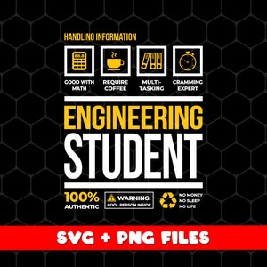 May include: A yellow and white graphic design with the text "Engineering Student" and icons representing the skills needed to be an engineering student. The text "100% Authentic" and "Warning: Cool Person Inside" are also included in the design.
