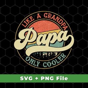 Puede incluir: Un logotipo redondo de estilo vintage con el texto "Like a Grandpa, Only Cooler" que rodea un dise&ntilde;o de sol retro con la palabra "Papa" en una fuente estilizada.