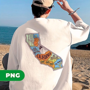 Californië png vintage retro kaartontwerp met Golden Gate, bergen, palmbomen en natuurpictogrammen, png voor shirts, png-sublimatie
