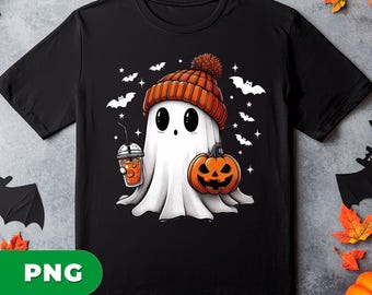 Cute Ghost Halloween PNG, Kawaii Spooky Ghost With Pumpkin And Drink, Autumn Beanie, Fall Halloween Clipart Sublimation, Happy Halloween