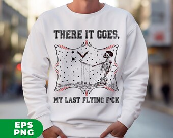 Peut inclure: Sweat-shirt blanc avec un imprimé graphique noir et rouge d'un squelette tenant une chauve-souris avec le texte "There it goes. My last flying f*ck".