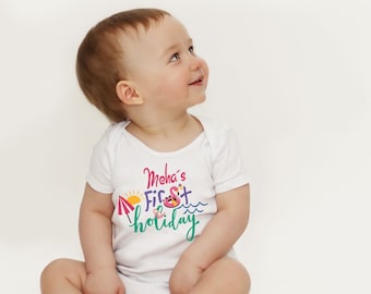 Personalised My First Holiday Babygrow, Tshirt, Bodysuit, Sleepsuit, Romper, Party, Cute, Gift, Sunshine, Summer, Holiday