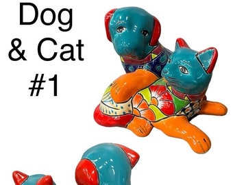 Talavera Dog & Cat Statue Home Decor Indoor Outdoor Decor Mexican Art