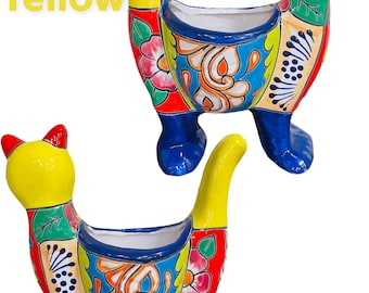 Standing Kitty Cat Talavera Planter Indoor Outdoor Flower Pot Mexican Pottery