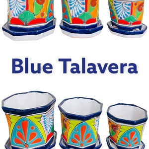 May include: Set of six blue and white Talavera pottery planters with colorful floral designs. The planters come in three sizes and include matching saucers.