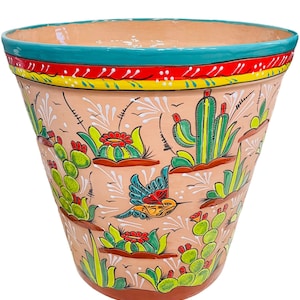 Large Rustic Hummingbird & Cactus Vaso Planter Indoor Outdoor Patio Flower Pot Mexican Pottery