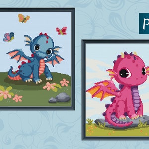 Combo Baby Dragon Nursery decor counted cross stitch pattern, Cute dragon cross stitch embroidery chart, DIY (Download PDF)
