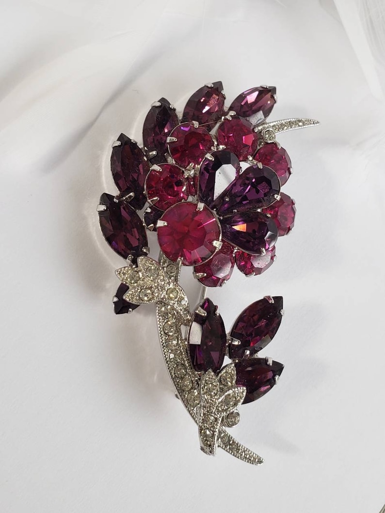 Purple and Clear Rhinestone Crystals in Rhodium Plate Large Brooch signed and numbered 6197 Eisenberg Ice Hot Pink