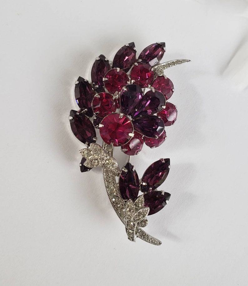 Purple and Clear Rhinestone Crystals in Rhodium Plate Large Brooch signed and numbered 6197 Eisenberg Ice Hot Pink