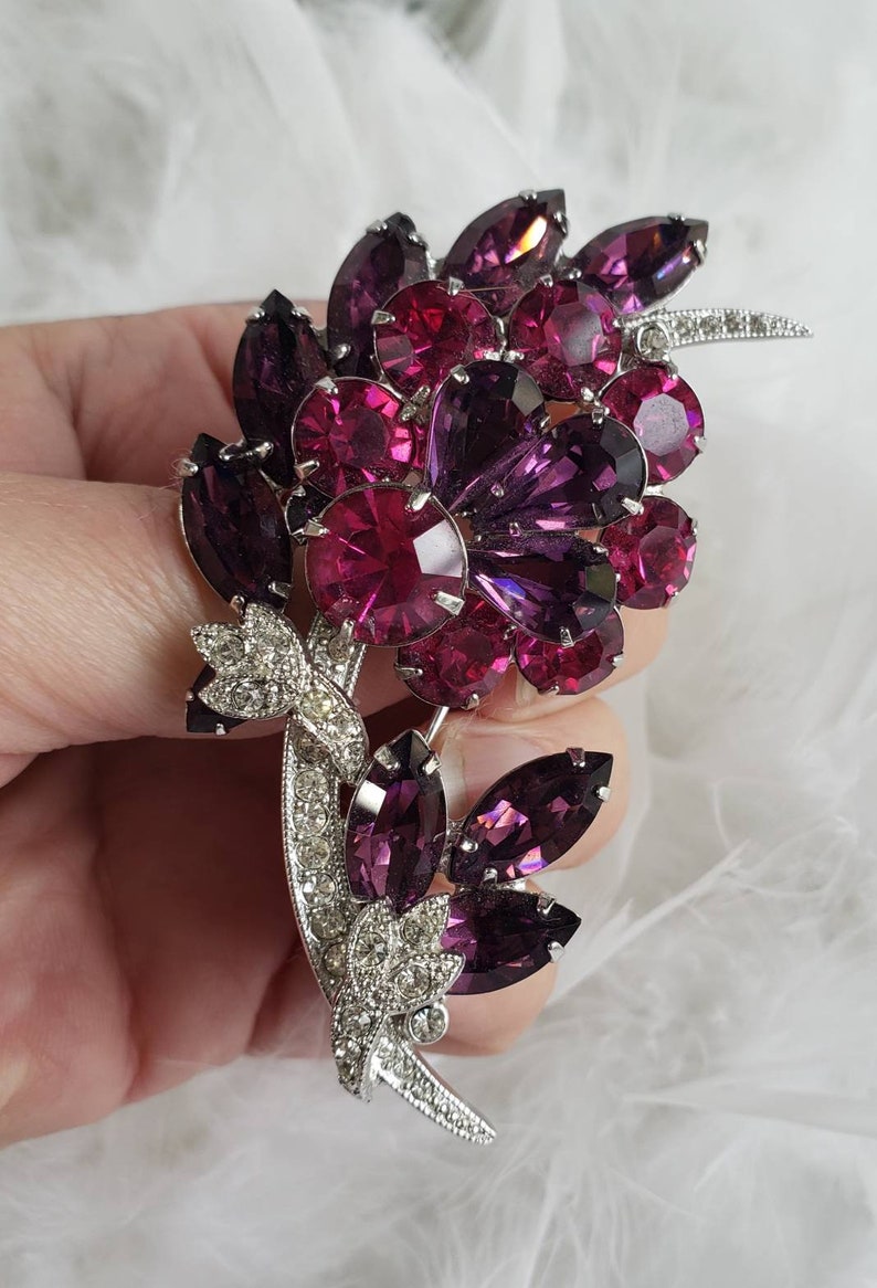 Purple and Clear Rhinestone Crystals in Rhodium Plate Large Brooch signed and numbered 6197 Eisenberg Ice Hot Pink