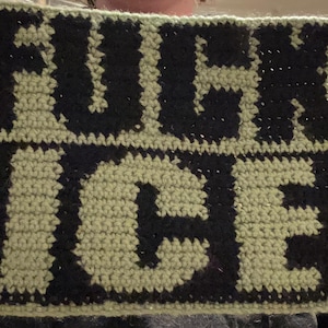 Peut inclure: Pièce de crochet faite à la main avec les mots "FUCK ICE" en lettres noires sur un fond vert clair. Le texte est centré et occupe la majeure partie de l'espace. L'objet est tenu par une personne.