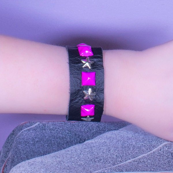 80s heavy metal barbie the rockers jem glam leather studded black hot neon pink star bracelet handmade one of a kind